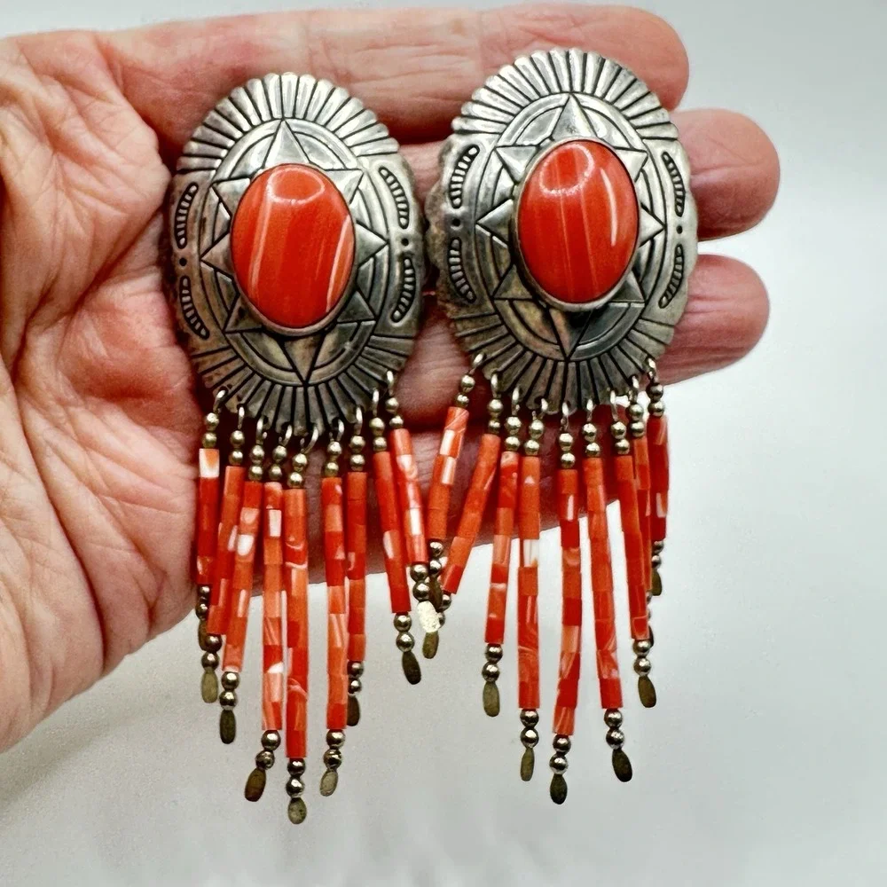 Navajo Sterling Silver Coral Dangle Earrings TK Emerson Southwestern Pierced 3